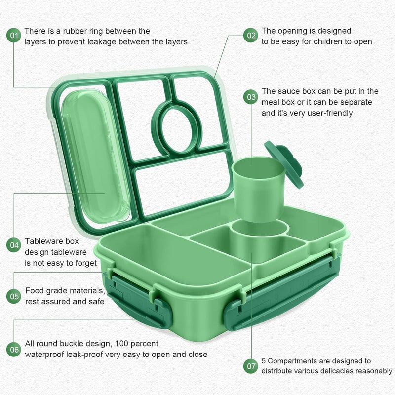 Amathley Bento Box Adult Lunch Box Kids,Lunch Containers for Adults/Kids/Toddler,5 Compartments Bento Lunch Box with Sauce Vontainers,Microwave & Dishwasher & Freezer Safe,BPA-Free(Green) - Image 2